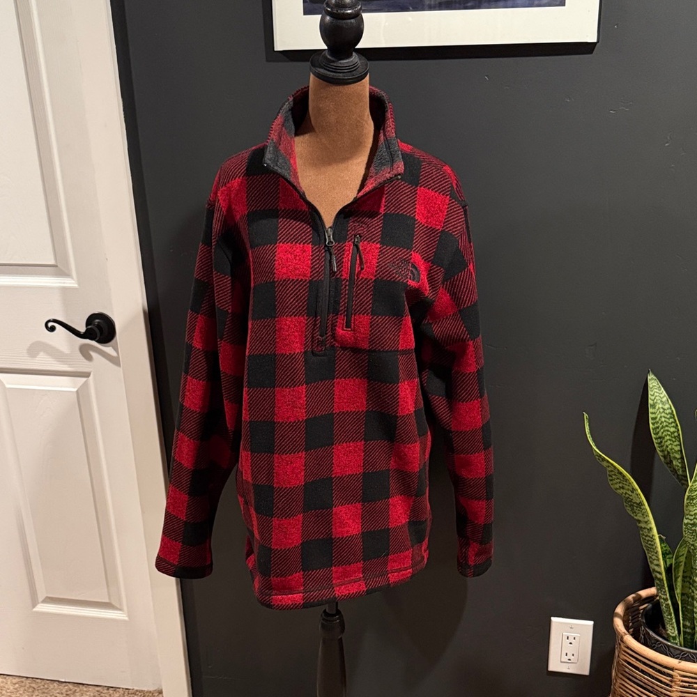 The North Face Red and Black Plaid Fleece Pullover